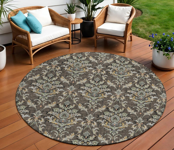 HomeRoots 8' Chocolate Copper and Black Round Damask Area Rug - Stylish, Durable, Washable for Indoor/Outdoor Use 659398
