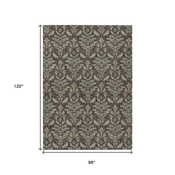 HomeRoots 8' X 10' Elegant Chocolate Copper & Black Damask Washable Area Rug for Indoor & Outdoor Use 659399