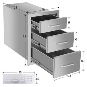 English Elm 18"x23"x23" Stainless Steel Outdoor Kitchen Three-drawer Cabinet for Patio Storage W3167P303256