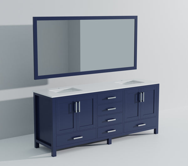 English Elm Navy Double Bath Vanity 84"W x 22"D with White Quartz Top, Soft-Close Drawers & Two Mirrors B2731S00853