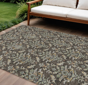 HomeRoots 10' x 14' Elegant Chocolate Copper Black Damask Washable Rug for Indoor & Outdoor Use, Durable Design 659401