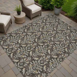 HomeRoots 10' x 14' Elegant Chocolate Copper Black Damask Washable Rug for Indoor & Outdoor Use, Durable Design 659401