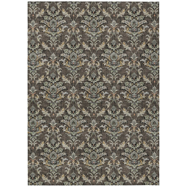 HomeRoots 10' x 14' Elegant Chocolate Copper Black Damask Washable Rug for Indoor & Outdoor Use, Durable Design 659401
