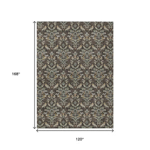 HomeRoots 10' x 14' Elegant Chocolate Copper Black Damask Washable Rug for Indoor & Outdoor Use, Durable Design 659401