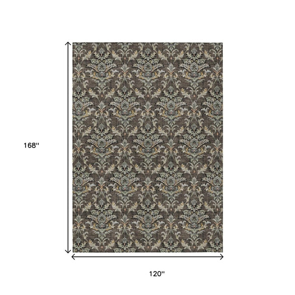 HomeRoots 10' x 14' Elegant Chocolate Copper Black Damask Washable Rug for Indoor & Outdoor Use, Durable Design 659401