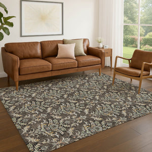 HomeRoots 10' x 14' Elegant Chocolate Copper Black Damask Washable Rug for Indoor & Outdoor Use, Durable Design 659401