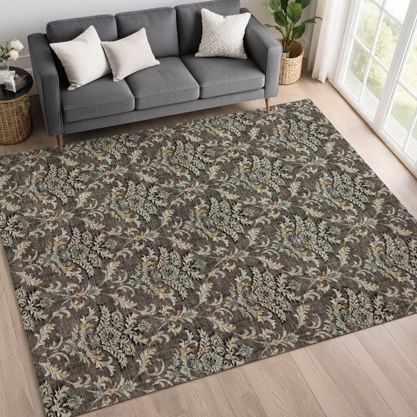 HomeRoots 10' x 14' Elegant Chocolate Copper Black Damask Washable Rug for Indoor & Outdoor Use, Durable Design 659401