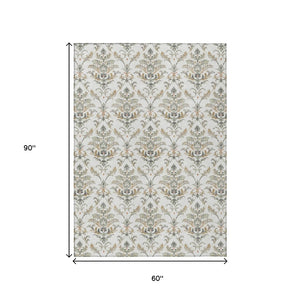 HomeRoots 5' Elegant Ivory Copper Gray Damask Area Rug – Durable, Stain-Resistant & Washable for Indoors/Outdoors 659403