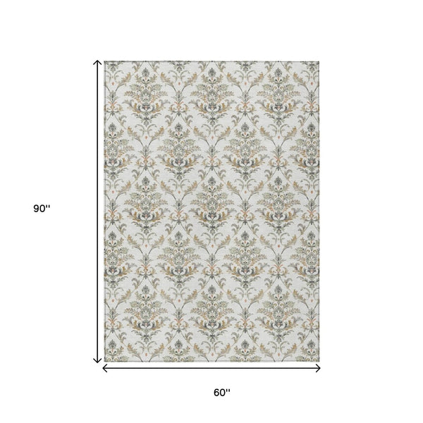 HomeRoots 5' Elegant Ivory Copper Gray Damask Area Rug – Durable, Stain-Resistant & Washable for Indoors/Outdoors 659403