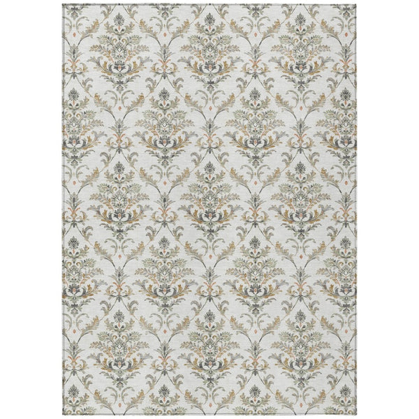 HomeRoots 5' Elegant Ivory Copper Gray Damask Area Rug – Durable, Stain-Resistant & Washable for Indoors/Outdoors 659403