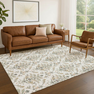 HomeRoots 5' Elegant Ivory Copper Gray Damask Area Rug – Durable, Stain-Resistant & Washable for Indoors/Outdoors 659403