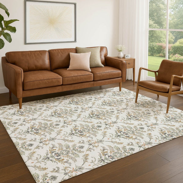 HomeRoots 5' Elegant Ivory Copper Gray Damask Area Rug – Durable, Stain-Resistant & Washable for Indoors/Outdoors 659403