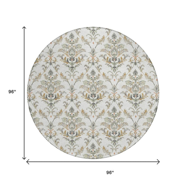 HomeRoots 8' Washable Indoor Outdoor Area Rug - Elegant Ivory Copper Gray Damask Design for Versatile Spaces 659404