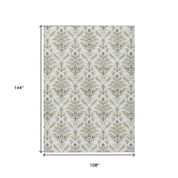 HomeRoots 9' Stylish Ivory Copper and Gray Damask Washable Area Rug for Indoor & Outdoor High-Traffic Spaces 659406