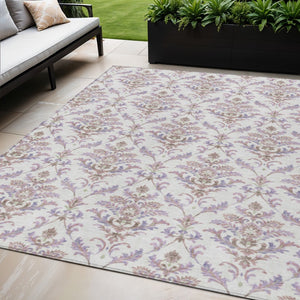 HomeRoots 5' Elegant Lavender & Ivory Damask Area Rug – Durable, Washable Design for Indoor/Outdoor Spaces 659409