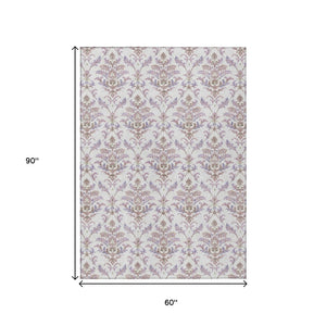 HomeRoots 5' Elegant Lavender & Ivory Damask Area Rug – Durable, Washable Design for Indoor/Outdoor Spaces 659409