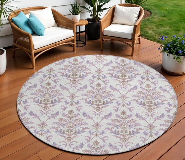 HomeRoots 8' Lavender and Ivory Damask Area Rug - Durable, Washable, Indoor/Outdoor Accent for Any Space 659410