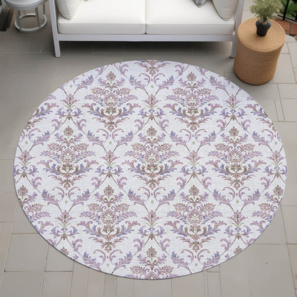 HomeRoots 8' Lavender and Ivory Damask Area Rug - Durable, Washable, Indoor/Outdoor Accent for Any Space 659410
