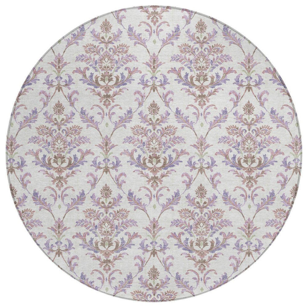 HomeRoots 8' Lavender and Ivory Damask Area Rug - Durable, Washable, Indoor/Outdoor Accent for Any Space 659410