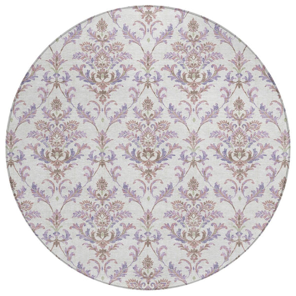 HomeRoots 8' Lavender and Ivory Damask Area Rug - Durable, Washable, Indoor/Outdoor Accent for Any Space 659410