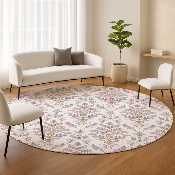 HomeRoots 8' Lavender and Ivory Damask Area Rug - Durable, Washable, Indoor/Outdoor Accent for Any Space 659410