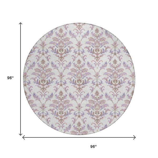 HomeRoots 8' Lavender and Ivory Damask Area Rug - Durable, Washable, Indoor/Outdoor Accent for Any Space 659410