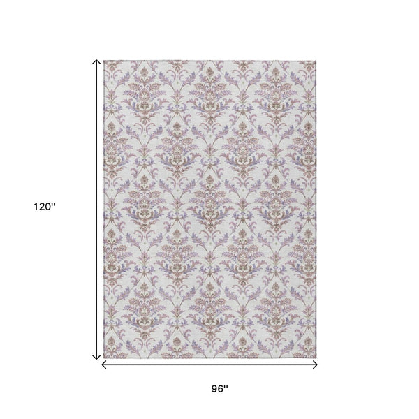 HomeRoots 8' X 10' Elegant Lavender & Ivory Damask Area Rug – Durable, Washable, Ideal for Indoor/Outdoor Use 659411
