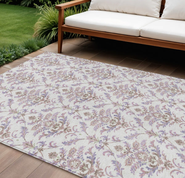 HomeRoots 9' X 12' Elegant Lavender and Ivory Damask Area Rug - Washable, Durable, Indoor/Outdoor Use! 659412