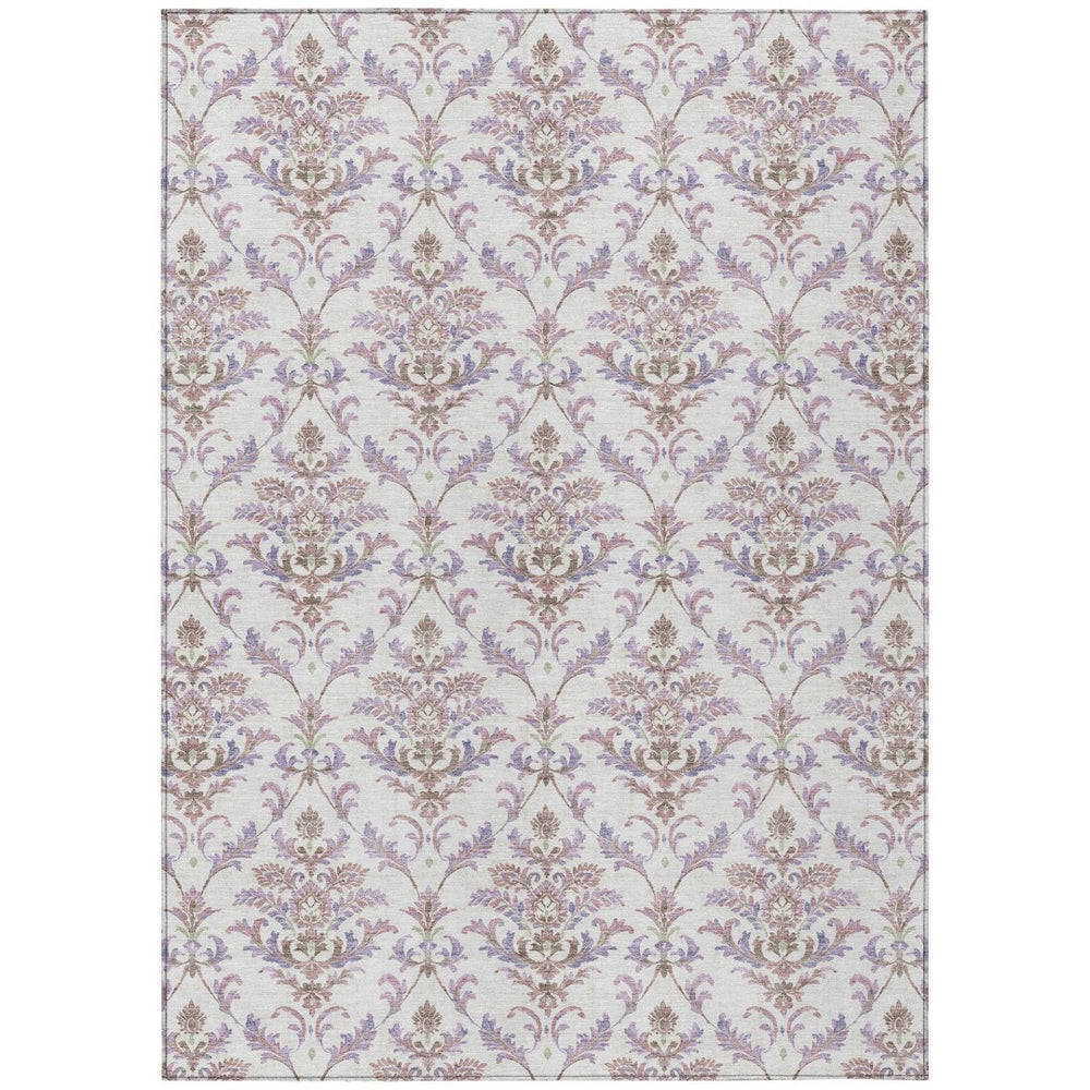 HomeRoots 9' X 12' Elegant Lavender and Ivory Damask Area Rug - Washable, Durable, Indoor/Outdoor Use! 659412