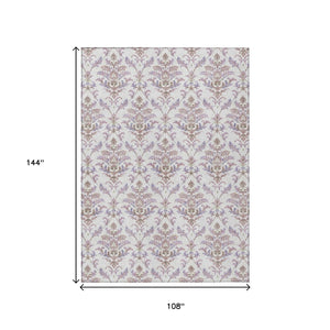 HomeRoots 9' X 12' Elegant Lavender and Ivory Damask Area Rug - Washable, Durable, Indoor/Outdoor Use! 659412