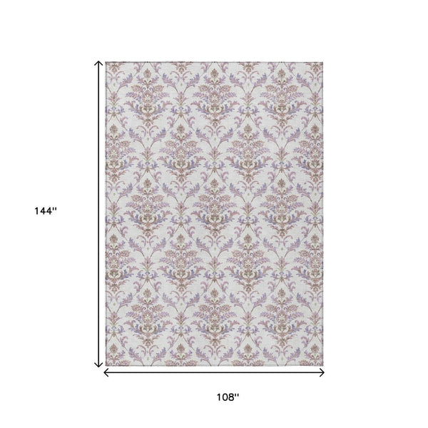 HomeRoots 9' X 12' Elegant Lavender and Ivory Damask Area Rug - Washable, Durable, Indoor/Outdoor Use! 659412