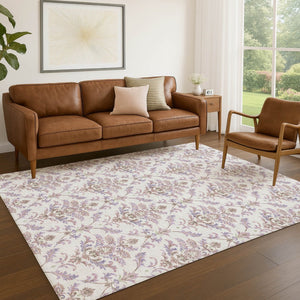 HomeRoots 9' X 12' Elegant Lavender and Ivory Damask Area Rug - Washable, Durable, Indoor/Outdoor Use! 659412