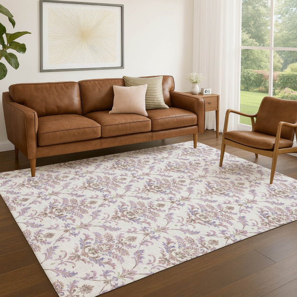 HomeRoots 9' X 12' Elegant Lavender and Ivory Damask Area Rug - Washable, Durable, Indoor/Outdoor Use! 659412
