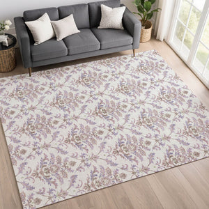 HomeRoots 9' X 12' Elegant Lavender and Ivory Damask Area Rug - Washable, Durable, Indoor/Outdoor Use! 659412