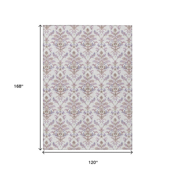 HomeRoots 10' Elegant Lavender & Ivory Damask Washable Area Rug - Durable Indoor/Outdoor Charm for Any Space 659413