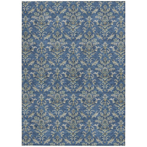 HomeRoots 5' Navy Blue Damask Area Rug - Washable, Stain-Resistant, Indoor/Outdoor Elegance for Any Space 659415