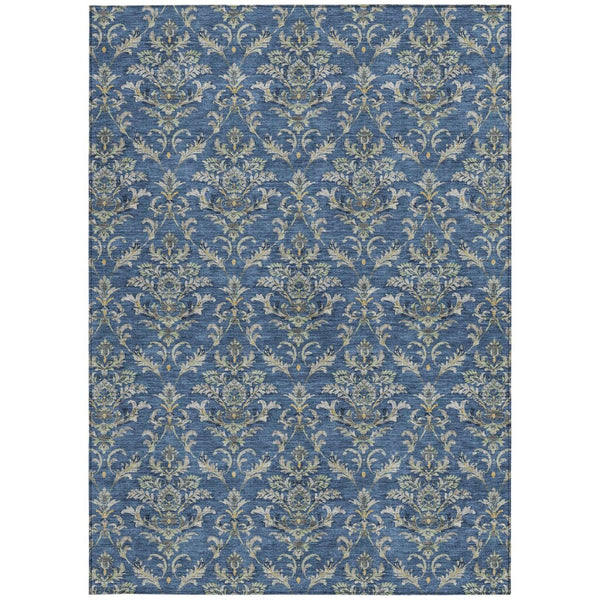 HomeRoots 5' Navy Blue Damask Area Rug - Washable, Stain-Resistant, Indoor/Outdoor Elegance for Any Space 659415