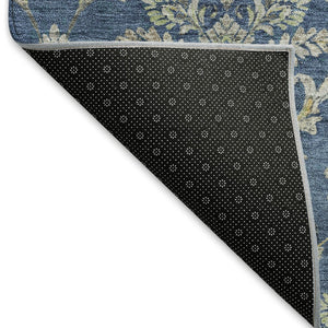 HomeRoots 5' Navy Blue Damask Area Rug - Washable, Stain-Resistant, Indoor/Outdoor Elegance for Any Space 659415