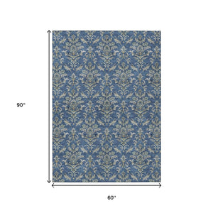 HomeRoots 5' Navy Blue Damask Area Rug - Washable, Stain-Resistant, Indoor/Outdoor Elegance for Any Space 659415