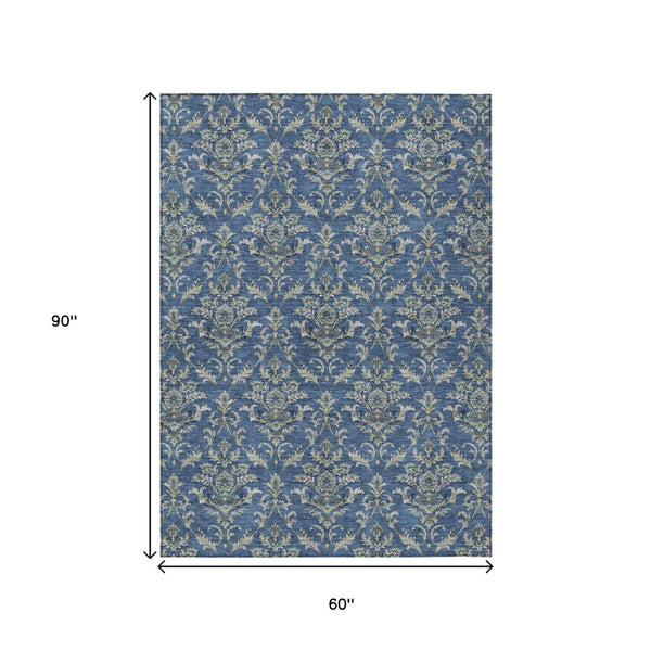 HomeRoots 5' Navy Blue Damask Area Rug - Washable, Stain-Resistant, Indoor/Outdoor Elegance for Any Space 659415