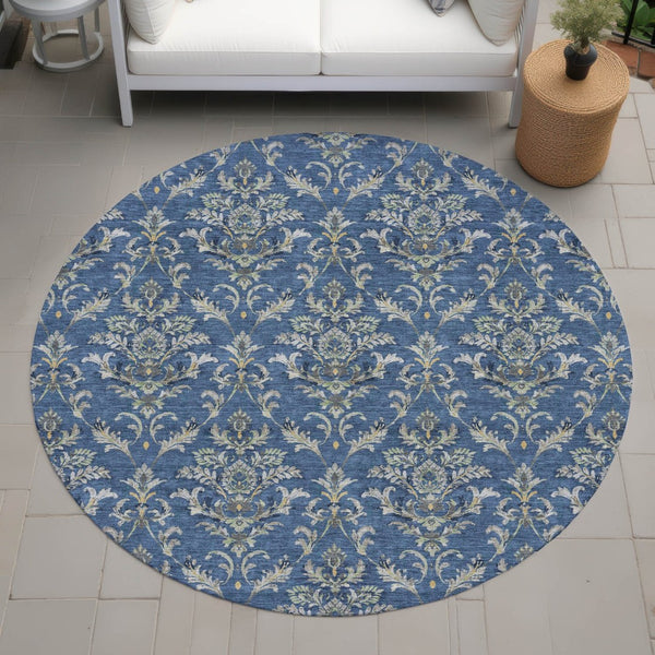 HomeRoots 8' Navy Blue Round Damask Area Rug – Stylish, Washable & Durable for Indoor/Outdoor Use, 8ft Diameter 659416