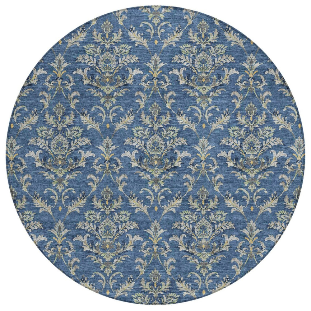 HomeRoots 8' Navy Blue Round Damask Area Rug – Stylish, Washable & Durable for Indoor/Outdoor Use, 8ft Diameter 659416
