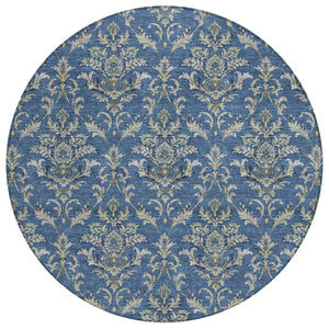 HomeRoots 8' Navy Blue Round Damask Area Rug – Stylish, Washable & Durable for Indoor/Outdoor Use, 8ft Diameter 659416