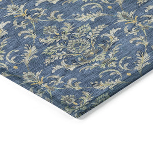 HomeRoots 8' Navy Blue Round Damask Area Rug – Stylish, Washable & Durable for Indoor/Outdoor Use, 8ft Diameter 659416