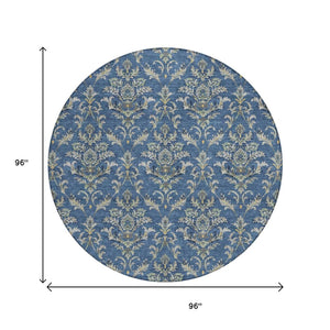 HomeRoots 8' Navy Blue Round Damask Area Rug – Stylish, Washable & Durable for Indoor/Outdoor Use, 8ft Diameter 659416