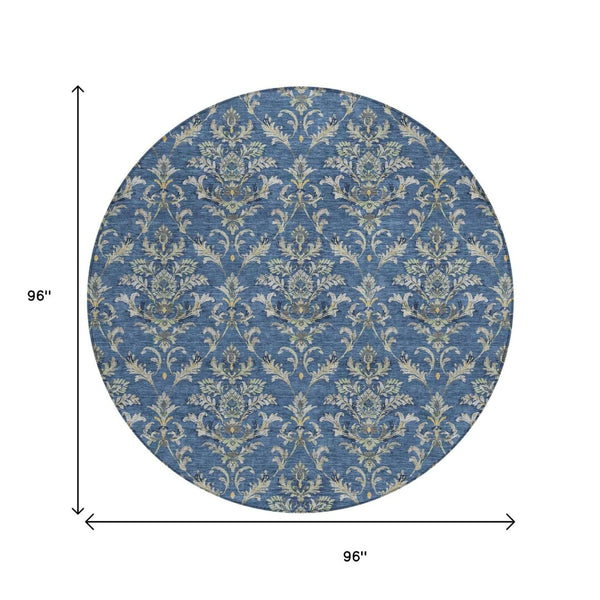 HomeRoots 8' Navy Blue Round Damask Area Rug – Stylish, Washable & Durable for Indoor/Outdoor Use, 8ft Diameter 659416