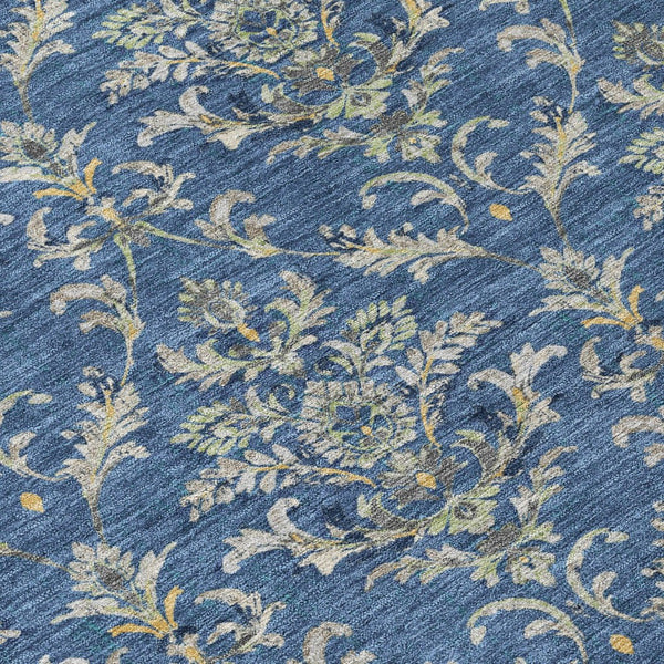 HomeRoots 8' Navy Blue Round Damask Area Rug – Stylish, Washable & Durable for Indoor/Outdoor Use, 8ft Diameter 659416