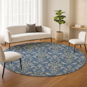 HomeRoots 8' Navy Blue Round Damask Area Rug – Stylish, Washable & Durable for Indoor/Outdoor Use, 8ft Diameter 659416