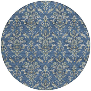 HomeRoots 8' Navy Blue Round Damask Area Rug – Stylish, Washable & Durable for Indoor/Outdoor Use, 8ft Diameter 659416