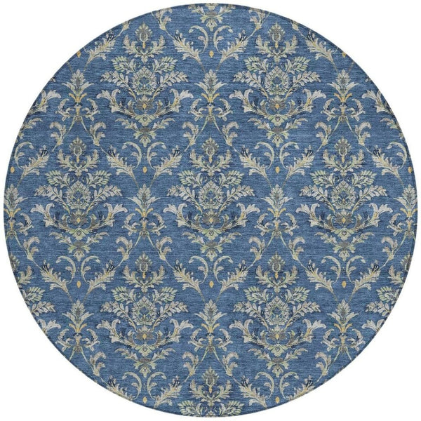 HomeRoots 8' Navy Blue Round Damask Area Rug – Stylish, Washable & Durable for Indoor/Outdoor Use, 8ft Diameter 659416